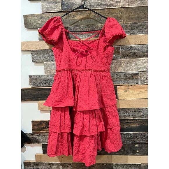 Cinq a Sept NWT Marcia Tiered Mini Dress Red Ruffle Eyelet Laceup Cotton Sz 4 - Picture 6 of 11